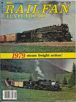 Cover of Railfan & Railroad Magazine January 1980 showing a large black steam freight locomotive with several boxcars in a rural landscape. Title highlights 1979 steam freight action.