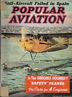 Cover photo of Popular Aviation July 1939 featuring a yellow floatplane on water with text highlights about anti-aircraft failure in Spain, dirigibles, safety planes, and four-engine aircraft.
