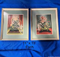 Pair of vintage framed lithograph reproductions of exotic blossoms by Bernard Locke, size approximately 11" x 13" each, front view.