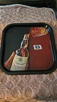Full view of the metal bar tray showing the Dewars Scotch Whisky bottle and glass image with ice and whiskey.