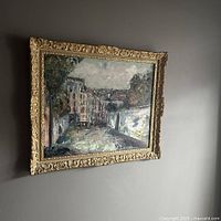 Full front view of framed oil painting showing composition and overall condition