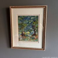 Framed original oil painting depicting a park scene with trees, showing overall view including the frame and matting.