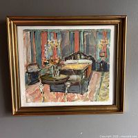 Frontal view of the framed oil painting depicting the interior of the Metropol Hotel.