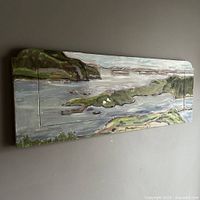 Front view of the oil painting showing coastal landscape with water, islands, and cliffs on an oak panel.