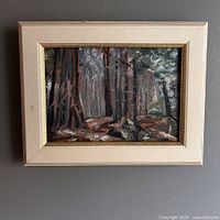 Frontal image of the framed oil painting showing forest study and framing detail.