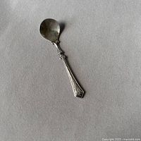 Top angled view of the sterling silver salt spoon showing the rounded bowl and detailed handle design.