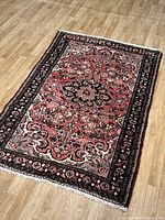 Full top view of Hamadan Persian rug on wooden floor showing overall pattern and condition.