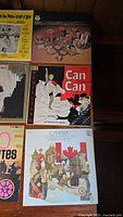 Photo shows 9 vinyl LP record covers arranged on a wooden surface including Can Can, Ska-Lip-So, Canada: A Musical Journey, and others.