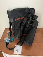 Celestron 15x70 SkyMaster binoculars with carrying case, lens cloth, and accessories on a table.