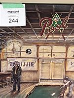 Large painted plaque showing pool game scene inside a bar with player aiming at cue ball, observer by wall, wooden stools and signage including the word 'Pool' and pool balls crossed on cues