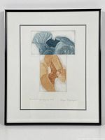 Framed artwork showing entire piece including matte and frame, front view of etching titled 'Blue & Orange Figure'