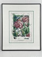 Framed floral mixed media print showing entire artwork with white mat and black frame.