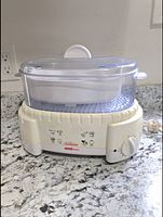 Sunbeam vegetable steamer fully assembled on granite counter, showing cream-colored base with control knob and clear lid.