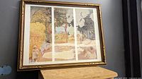 Photo showing full frontal view of framed triptych Pierre Bonnard art print depicting Mediterranean garden scene with figures, mounted in gold-tone frame.