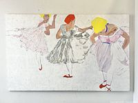 Full front view of oil painting depicting three ballerinas in various colored dresses on white background