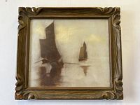 Front view of framed pastel painting showing two sailboats on calm water