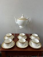 Full set overview, showing teapot elevated with 6 cups and 6 saucers