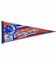 Full view of the 1987 Denver Broncos AFC Championship felt pennant showing colors, logos, and text details.