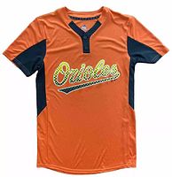 Front view of an orange and black Baltimore Orioles Majestic Cool Base baseball jersey in men's size small with Orioles script logo on chest