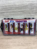 Front view of unopened Mepps Elix Trouter lure set in plastic display case showing 6 lures in various blade colors and feather combinations.