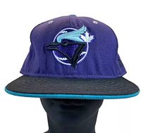 Front view of Toronto Blue Jays purple fitted cap with embroidered logo and visor details