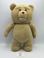Front view of the light brown plush teddy bear with round ears, eyes, nose, and a stitched muzzle showing basic condition and shape.