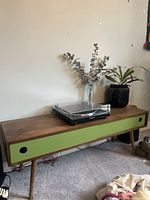 View of the handmade timber TV unit with green sliding door closed, showing tapered wooden legs and natural wood finish with a green painted sliding door panel.