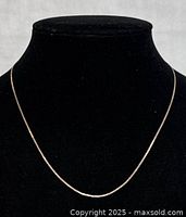 Full view of thin yellow gold chain necklace displayed on a black bust stand, showing length and style.