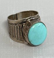 Side angle showing turquoise stone and silver band details