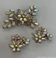 Front view of vintage rhinestone brooch and matching earrings with iridescent rhinestones arranged in floral pattern.