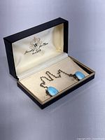 Original black and cream presentation case open showing the two silver tie clips connected by chain with blue enamel ovals.