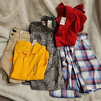 Clothing items laid out flat showing 2 polo shirts and 4 pairs of shorts in various colors and patterns, all with tags.
