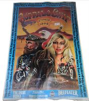 Full view of 1990 Buffalo Chip Sturgis Bike Rally poster featuring biker male and female figures, eagle, motorcycles, and event text with band list around border.
