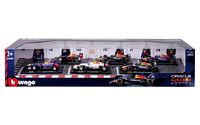 Front and side view of the boxed set showing all six Red Bull F1 cars with detailed paintwork and Oracle Red Bull Racing branding.