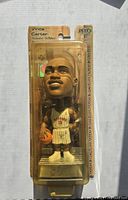 Front view of sealed Vince Carter bobble head packaging showing figure in Raptors jersey holding basketball.