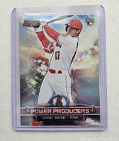 Front of 2018 Bowman Shohei Ohtani Power Producers rookie card in protective sleeve