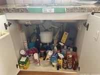 Under-sink cabinet with an assortment of cleaning products including sprays, bottles, gloves, and brushes.