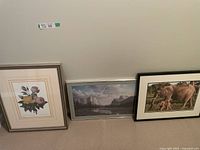 Three framed pictures leaned against a wall showing floral, mountain landscape, and horse/foal animal scene