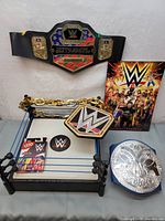 Overview of the entire lot showing the wrestling ring, belts, cards, chain accessory, stickers, and booklet.