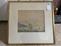 Full view of framed watercolor painting and mat under glass