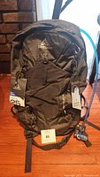 Full view of black Gregory Inertia 25 backpack with original tags attached, showing brand logo and pack size.