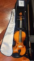 Overhead view of violin inside open hard case