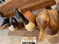 Overview of five wooden waterfowl decoys: four ducks and one loon