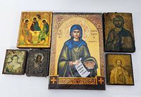 Top view of all six Greek Orthodox icons arranged in two rows, showing front artwork and colors