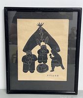 Front view of framed print showing black wooden frame and beige paper print of figures and teepee
