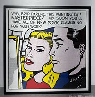 Full front view of framed lithograph titled “Masterpiece” by Roy Lichtenstein.