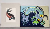 Two artworks side by side: a colorful original acrylic painting on canvas and a print of a seal design on paper.