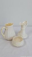 Full set of three Beleek ceramics: two pitchers and one small dish.