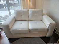 Front view of ivory loveseat showing upholstery, armrests, cushions, and overall condition.