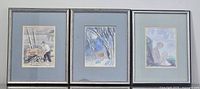 Three framed watercolour paintings hanging side by side on wall.